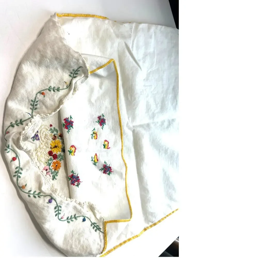 Throw Pillow cover vintage hand-embroidered floral basket crocheted 16